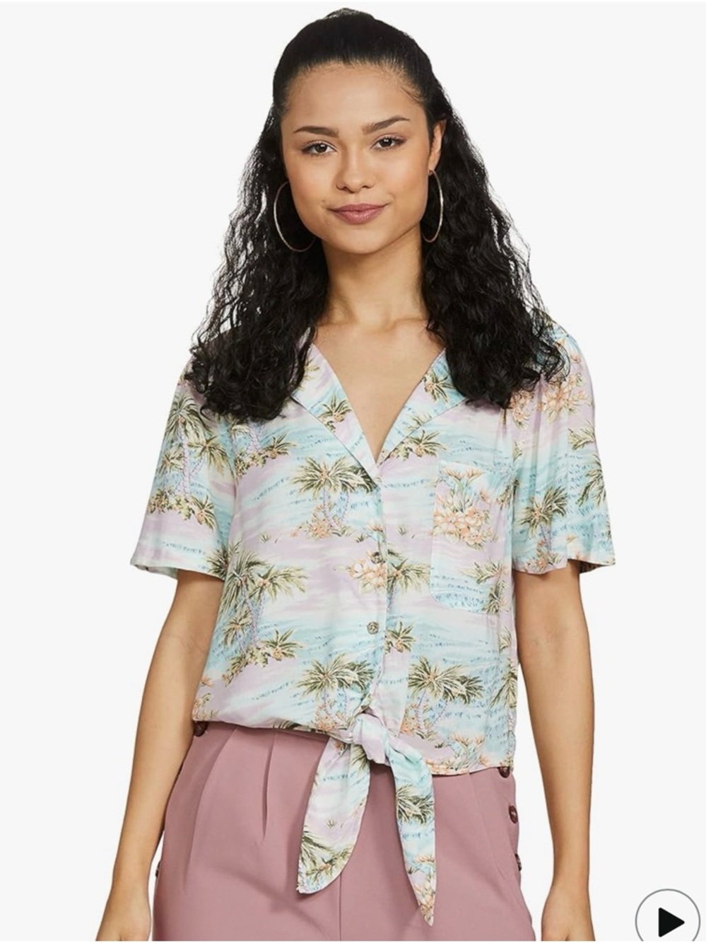 American Eagle Outfitters Pastel Tropical Tie-Front Blouse